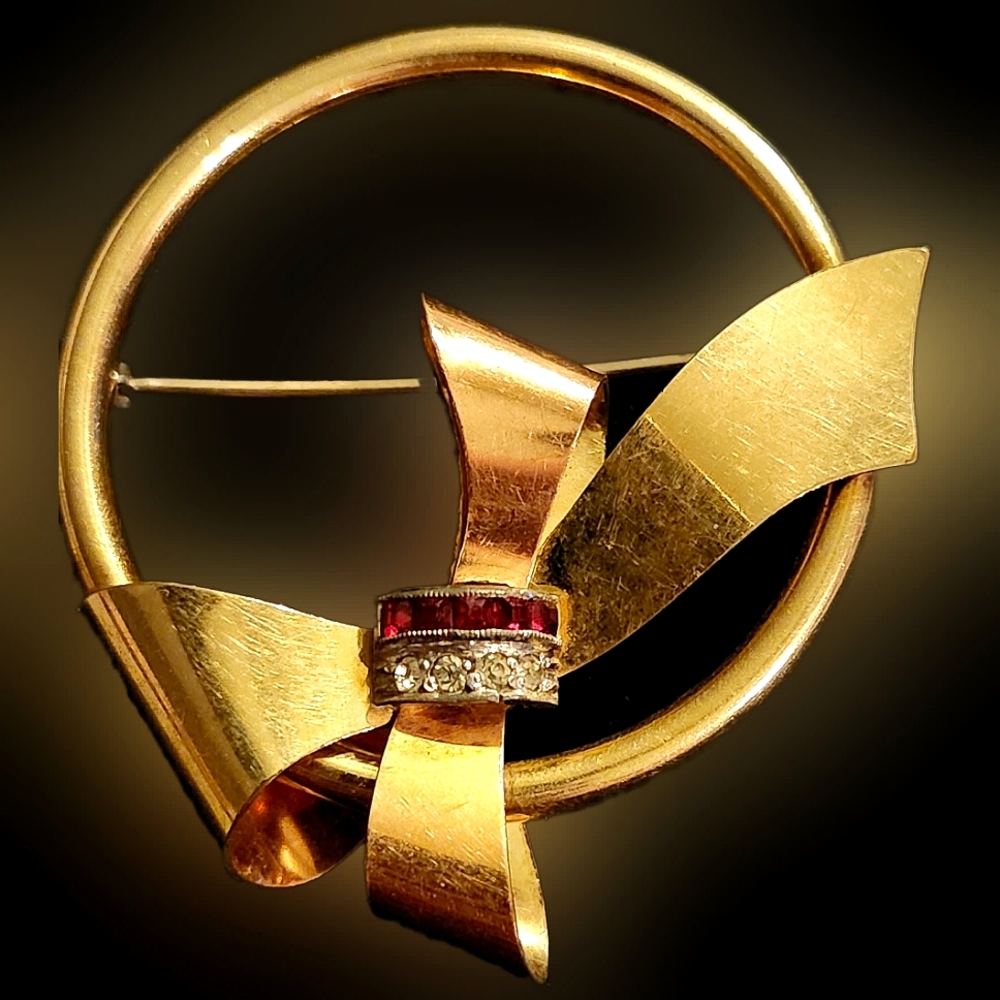 Vintage Taylord 1/20 12K Gold Filled & Rhinestone Ribbon Brooch - Picture 1 of 5